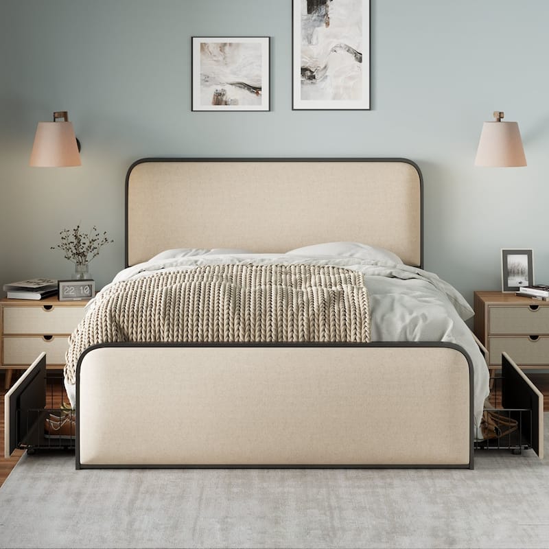 Modern Metal Bed Frame with Curved Upholstered Headboard and Footboard - Beige&4 Drawers - Queen