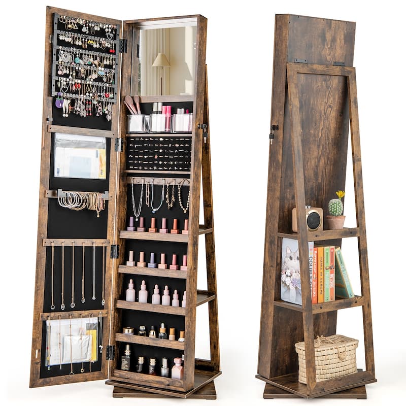 360 Degree Rotating Jewelry Armoire with Full Length Mirror Lockable Cabinet and Storage Shelves Organizer - 17" x 15" x 62.5"