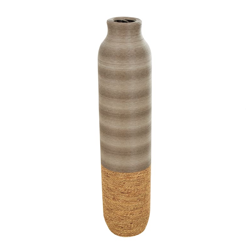 Brown Seagrass Handmade Ribbed Decorative Vase with Coiled Seagrass Base