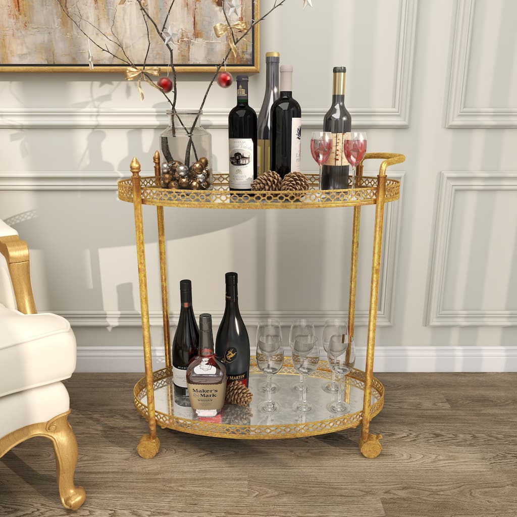 Gold Metal Rolling Oval 2 Mirrored Shelf Bar Cart with Vintage Inspired Details