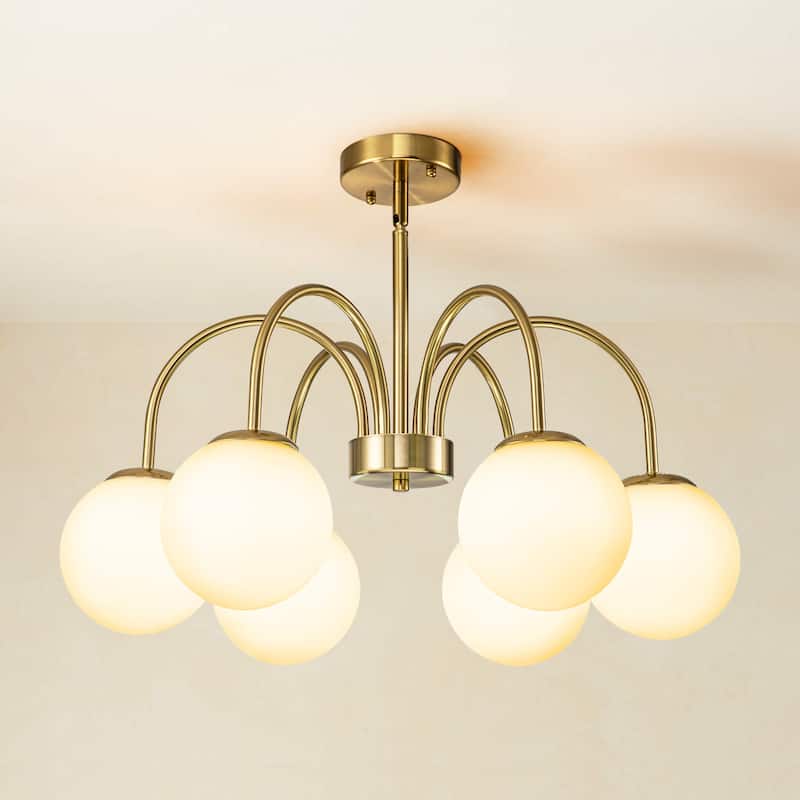 6/ 10-light Mid-Century Modern Black/ Brasss Round Sputnik Glass Globe Bubble Chandelier with Frosted Opal Glass Globe