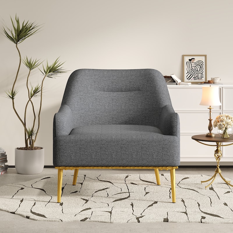 Modern Accent Chair Upholstered Armchair Single Sofa Chair with Curved Backrest and Gold Metal Legs for Living Room - Dark Gray