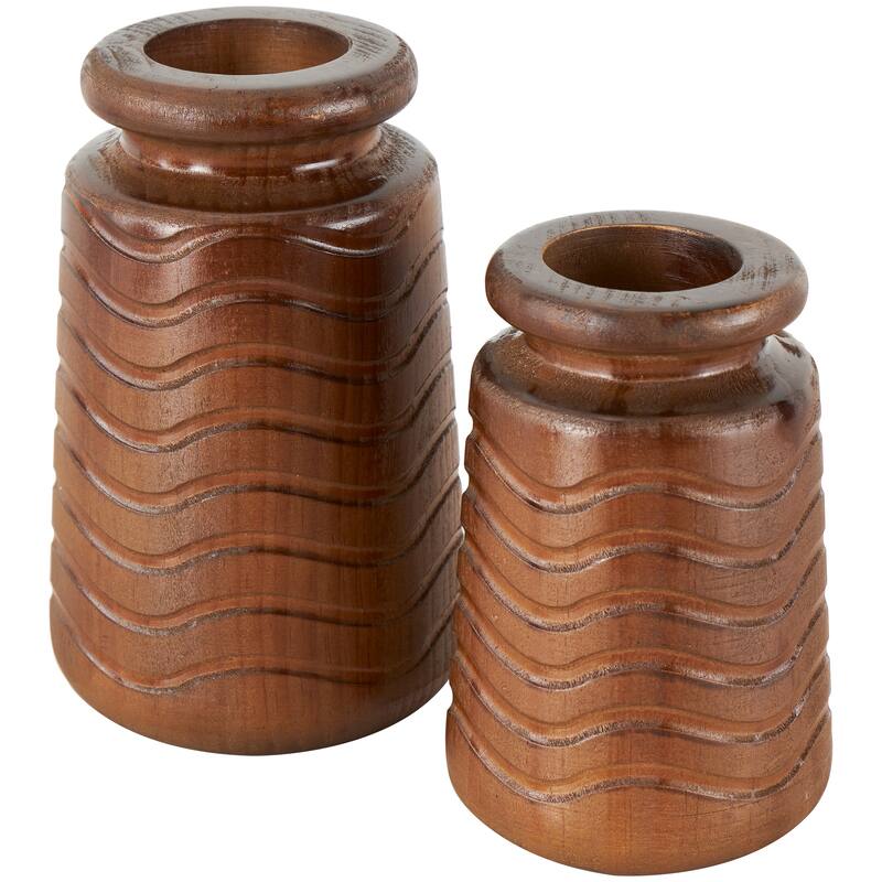 Brown Wood Decorative Vase with Carved Wavy Designs (Set of 2)