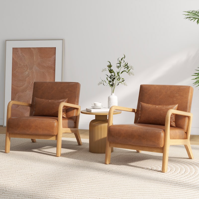 Briston 2 Set Mid Century Modern Wood Accent Chairs with pillow - PU Leather - Light Brown(PU)-2Pack