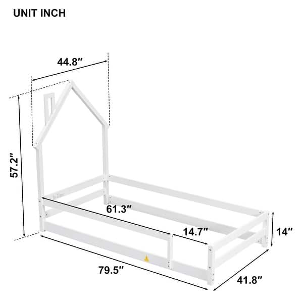 Twin Size Montessori Floor Bed with Fences, Modern Twin Kids Bed with House-shaped Headboard, Wood Twin Bed Frame for Girls,Boys