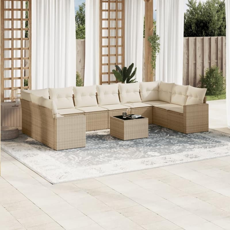 vidaXL Patio Sofa Set with Cushions Outdoor Conversation Furniture Poly Rattan - 21.7 x 21.7 x 14.6 - Beige 21.7 x 21.7 x 14.6 in