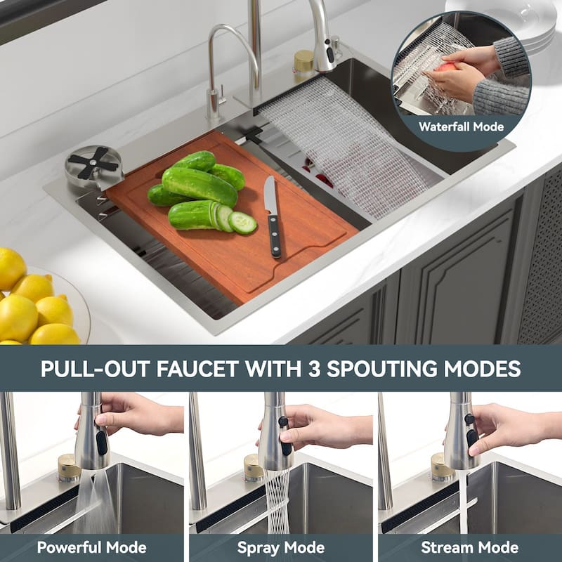 33x22 in. Fly Rain Drop in Kitchen Sink Single Bowl Waterfall Workstation Kitchen Basin with Faucet