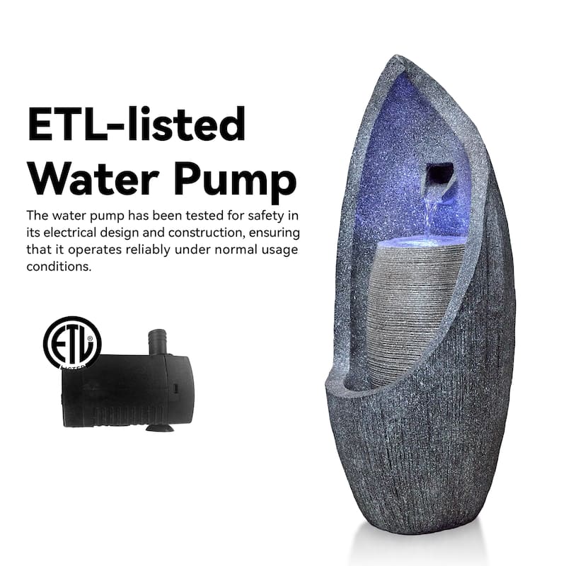 Vbal Modern Minimalist Gray Resin and Fiberglass Fountain with LED Lights Weather Resistant for Indoor and Outdoor