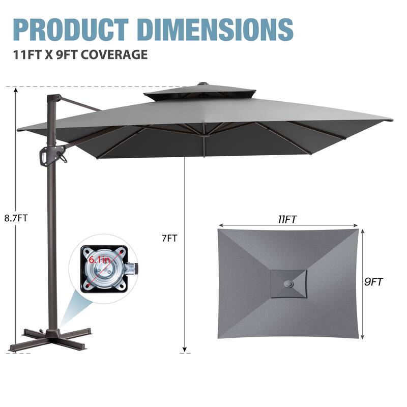 VredHom Outdoor 9x11FT Patio Dual Top Cantilever Offset Umbrella