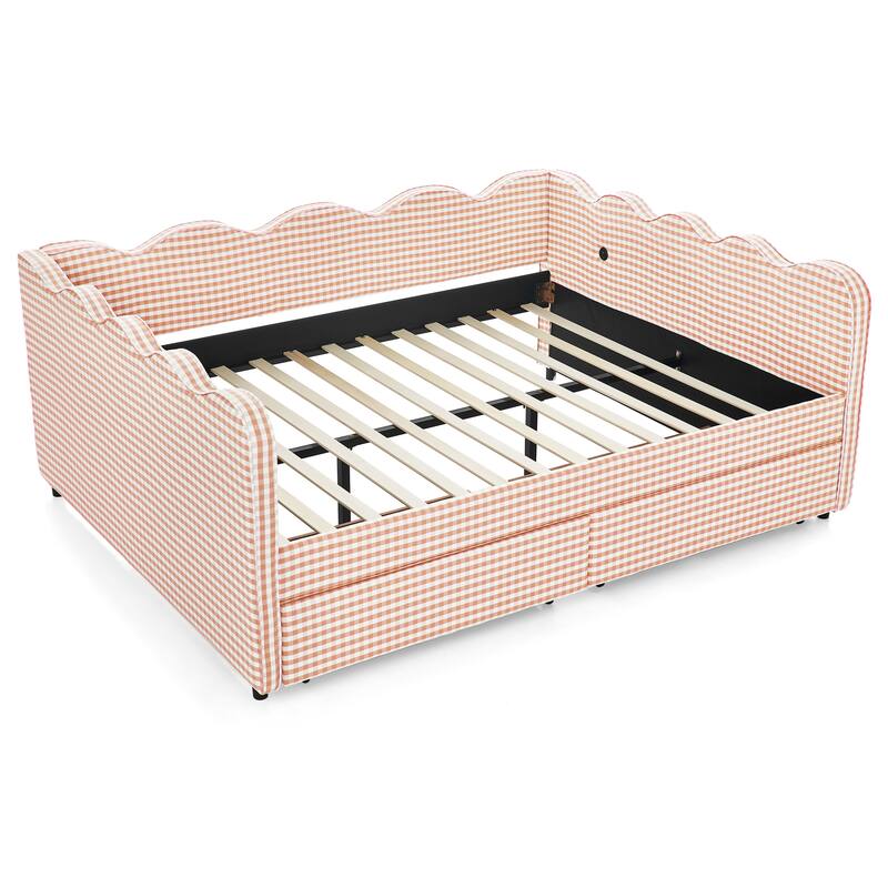 Full/Queen Gingham Daybed with 2 Storage Drawers, USB Port & Wave Shaped Linen Fabric