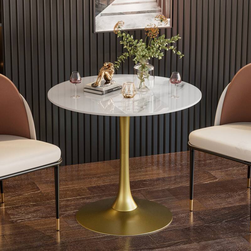 Round Dining Table Marble Modern Tulip Table Slate Tabletop with Metal Pedestal Base
