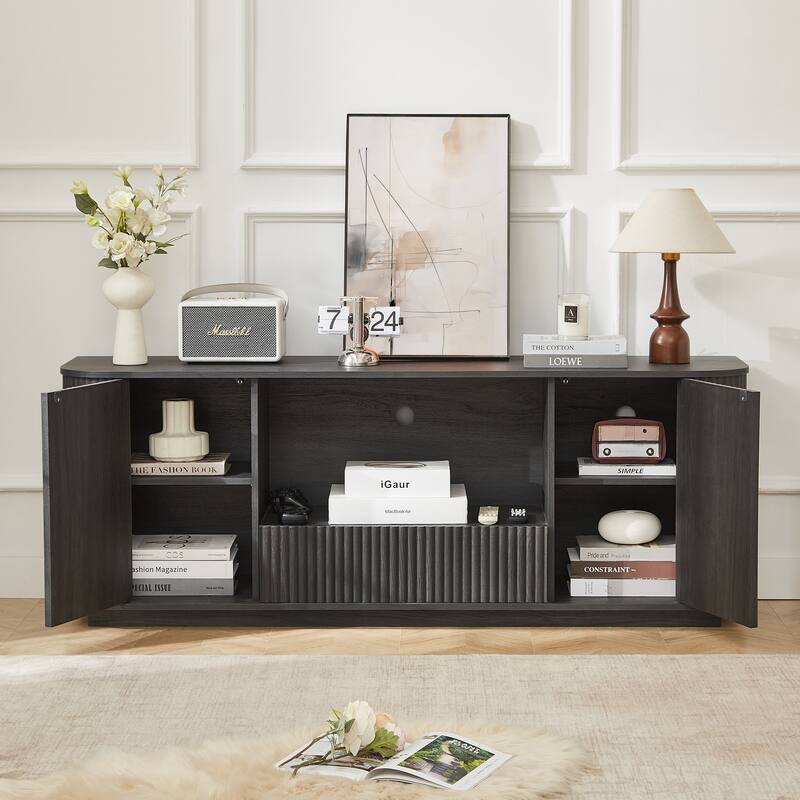 64" Modern Wavy TV Stand with Storage, Sideboard Buffet Cabinet w/ Vertical Stripe Doors, Media Console for Living Room,Entryway