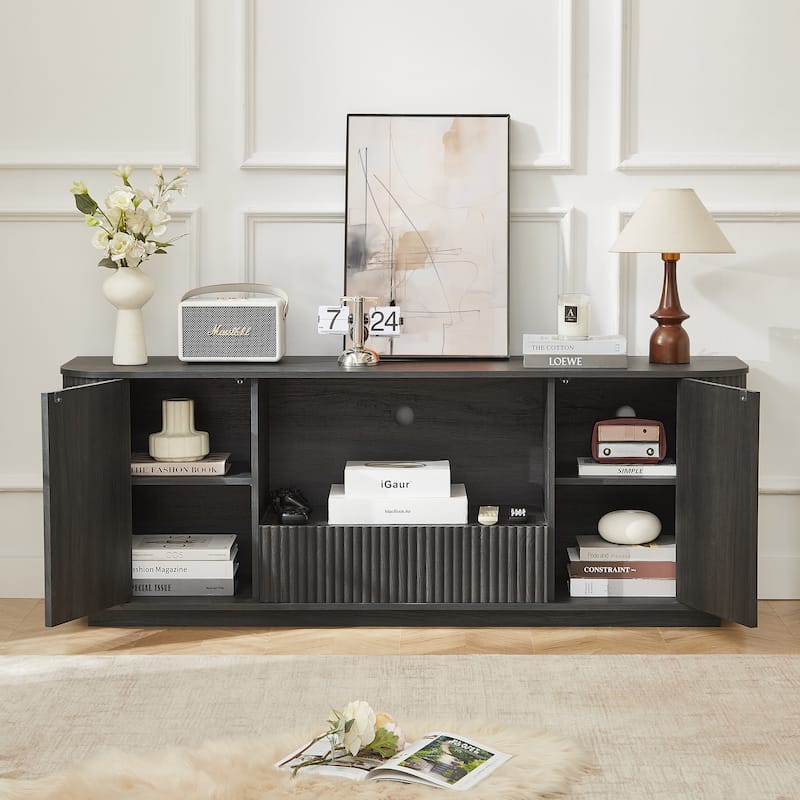 64-Inch Wavy TV Stand, Rounded Sideboard, Storage Cabinet, Wooden Vertical Stripe Cabinet for Living Room/Bedroom/Entryway