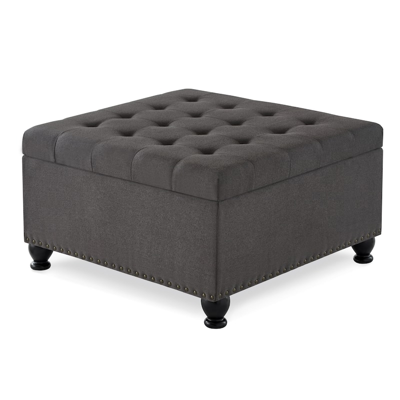 Linen Fabric Square Ottoman, Upholstered Button Tufted Storage Ottoman, Coffee Table with Nail Trims & Rubber Wood Legs