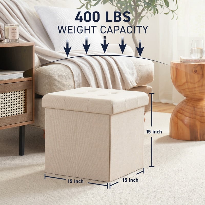 2 Pack - 15" Collapsible Square Cube Storage Ottoman, Perfect for Dorms, Livingroom and Bedroom