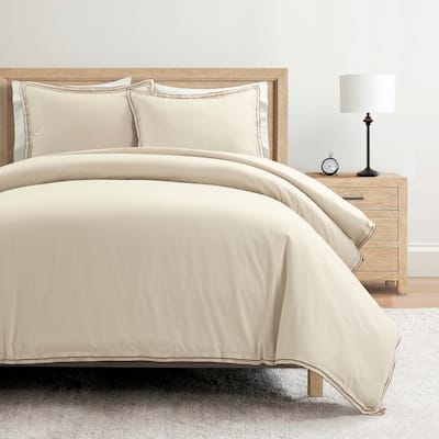 Lush Decor Hampton Double Flange Embroidered Contrast Edge Duvet Cover 3 Pieces Set