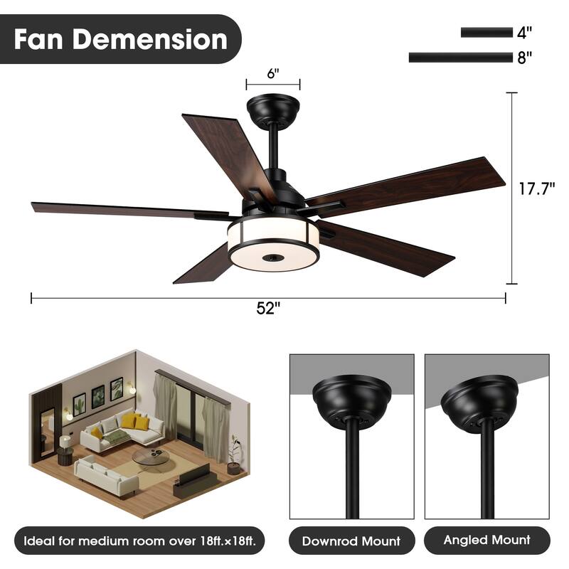 52" Modern Black Reversible Dimmable Integrated LED Ceiling Fan with Light and Remote - 52" W x 52" D x 17.72" H