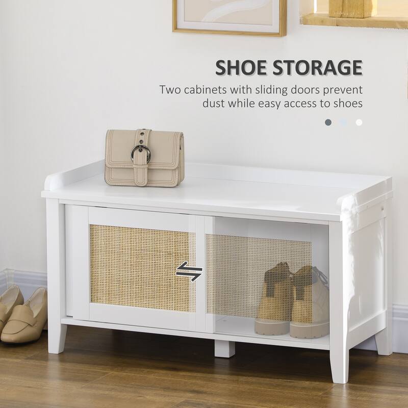 White Rattan Shoe Storage Bench with Sliding Doors and Pine Wood Legs for Entryway or Hallway - 31.5" W x 13.75" D x 17.75" H