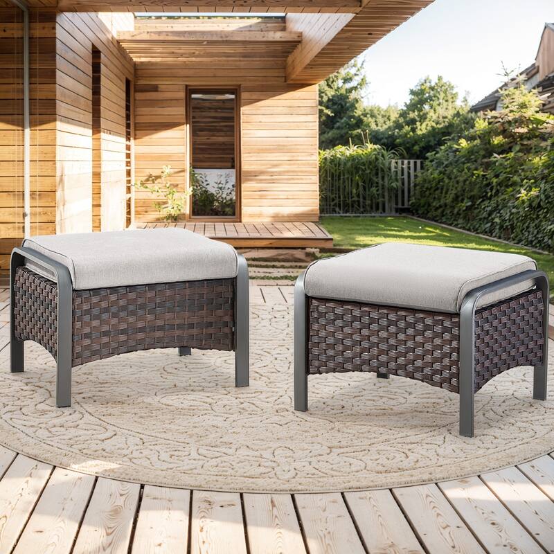 Outdoor Footstool with Removable Olefin Cushions - Beige Cushion - Brown