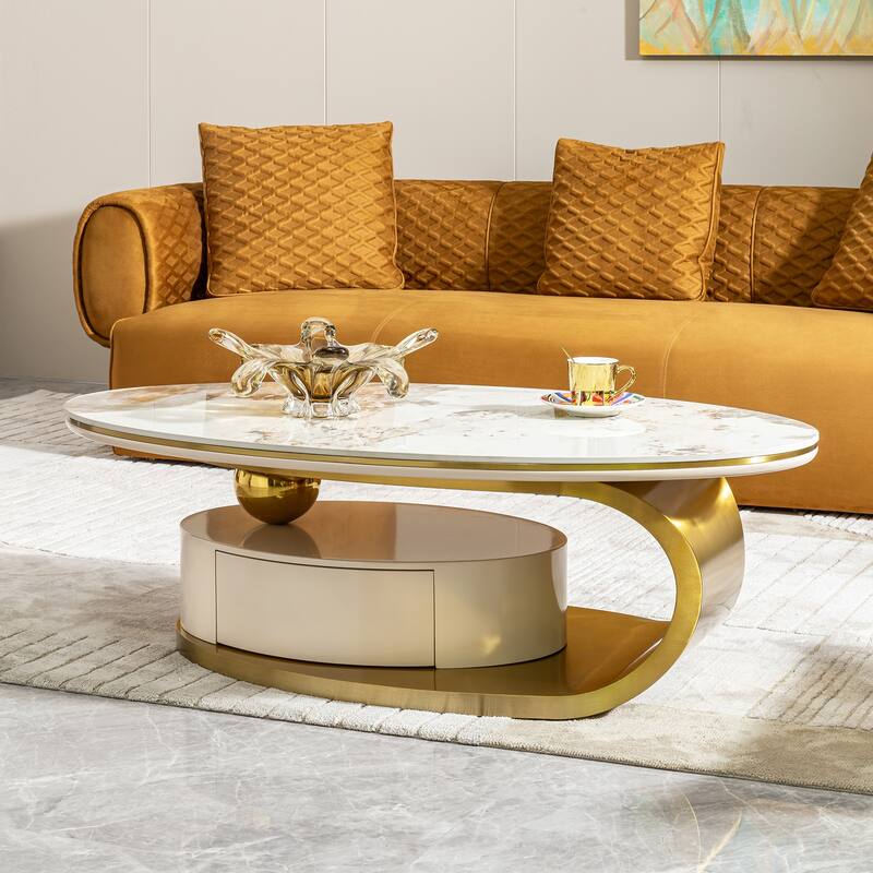 Modern Coffee Table, Sintered Stone Coffee Table with 2 Drawers and Stainless Steel Base, for Living Room