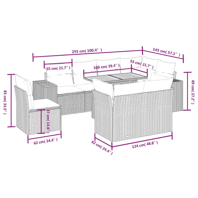 vidaXL Patio Sofa Set with Cushions Outdoor Furniture 9 Piece Poly Rattan - 24.4 x 24.4 x 27.2
