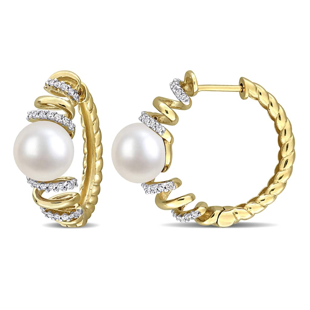 Miadora Cultured Freshwater Pearl 1/3ct TDW Diamond Hoop Earrings 10k Yellow Gold