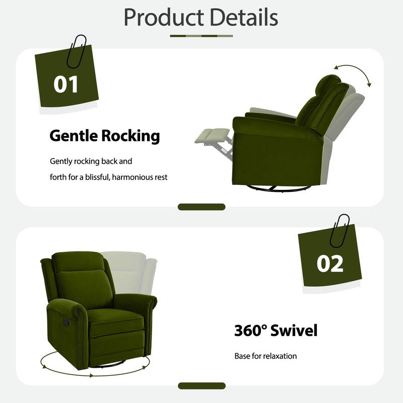 Home Theater Swivel Recliner Chair, Manual Rocking Nursery Rocker w/Adjustable Backrest Rolled Arms Lounge Chair with Rivet Trim