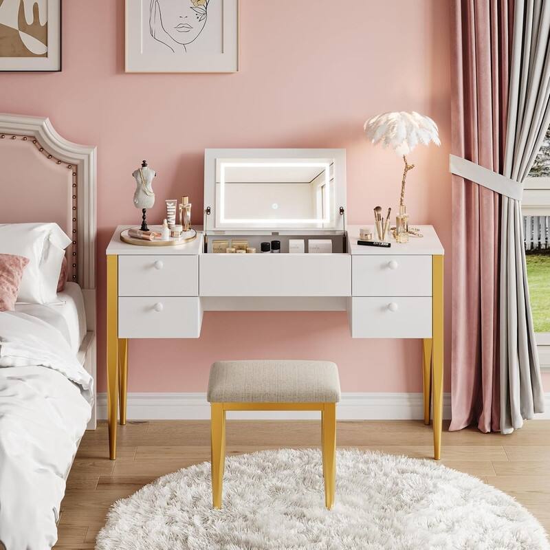 3-in-1 Vanity Desk with Flip Top LED Mirror, 5 Drawers, and Cushioned Stool