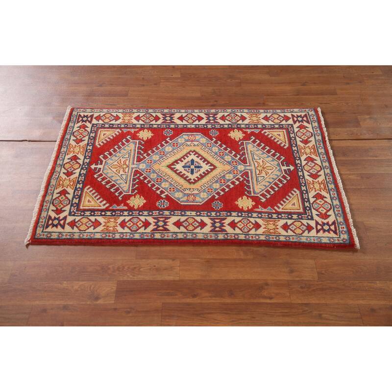 Geometric Kazak Oriental Accent Rug Hand-Knotted Red Wool Carpet - 2'7"x 3'8"
