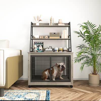 dog crate with shelves, double doors and a raised roof