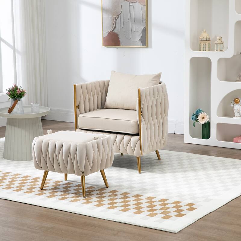 Accent Chair with Storage Ottoman, Modern Hand Woven Vanity Chair (Pink)