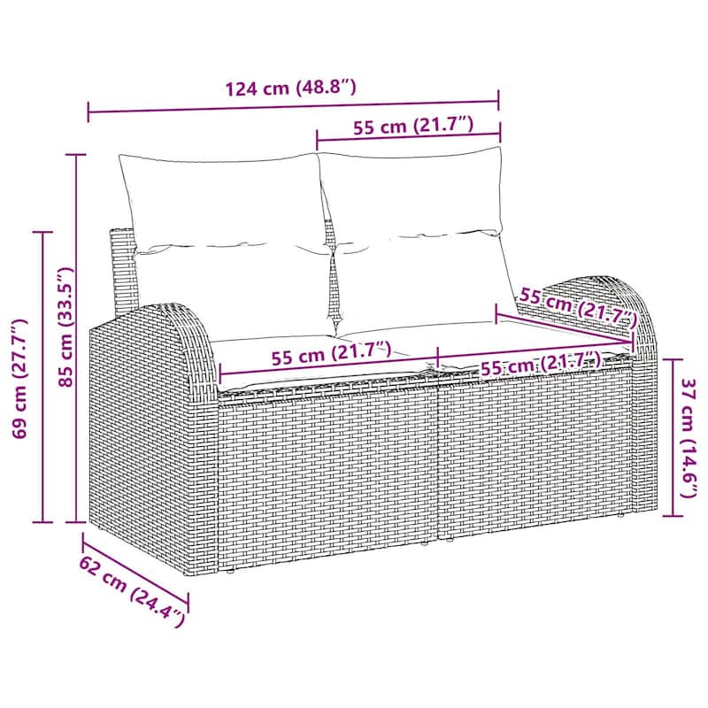vidaXL 2-Seater Garden Sofa with Cushions Black/Brown/Grey Poly Rattan