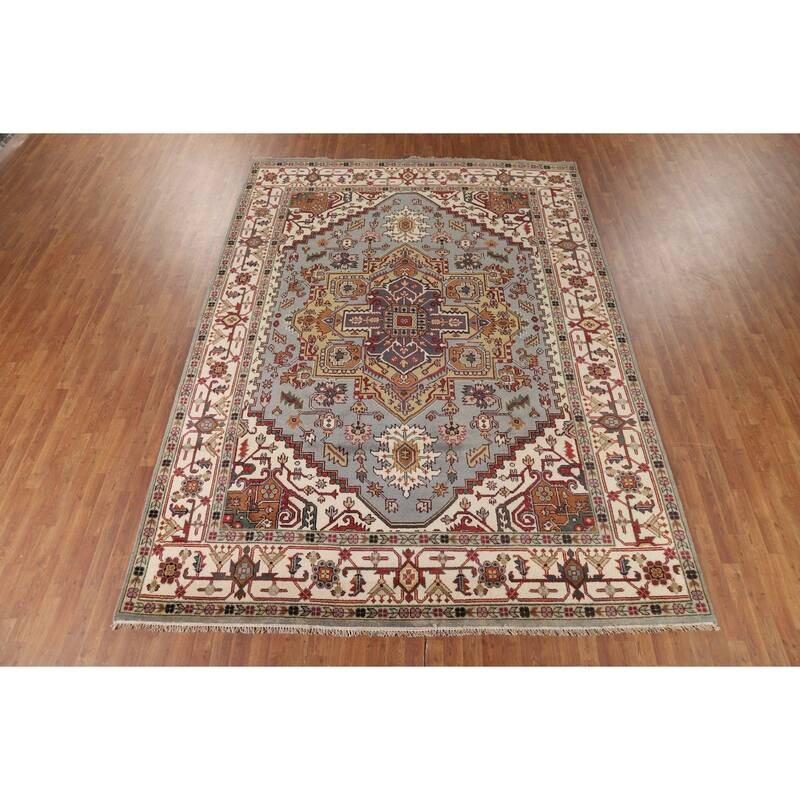 Heriz Serapi Indian Area Rug Handmade Grey Wool Carpet - 8'11" x 11'9"
