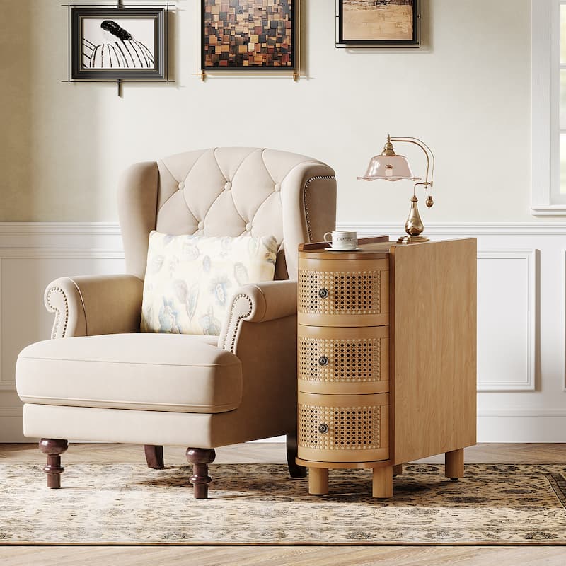 Solid Wood End Table, 3-Drawer Rattan Side Table, Night Stand with Exquisite Embossed Handles for Living Room