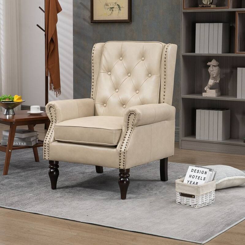 Transitional Wingback Accent Chair Armchair with Sturdy Wood Legs - PU Leather - Camel