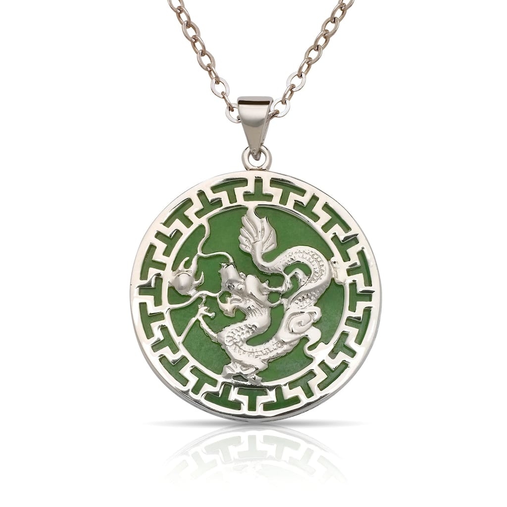 Curata 925 Sterling Silver 18" Jade Large Dragon Circle Pendant Necklace - 25x32mm