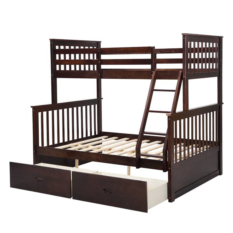 Twin Over Full Bunk Bed with Storage Drawers, Wooden Bunk Bed with Ladder and Safety Guard Rails -Espresso
