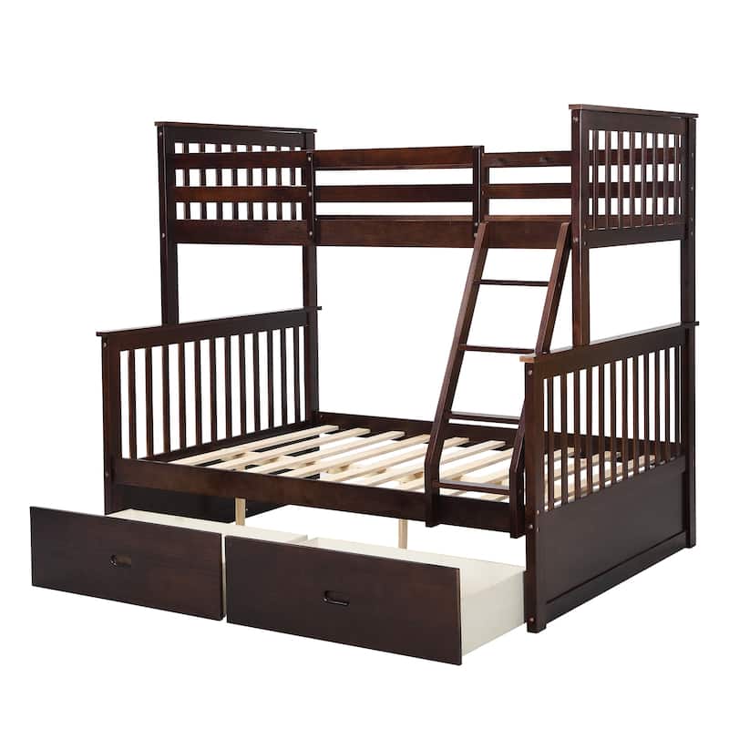 Twin Over Full Wooden Bunk Bed with Storage Drawers, Ladder, and Guardrails, Space-Saving for Kids' Rooms