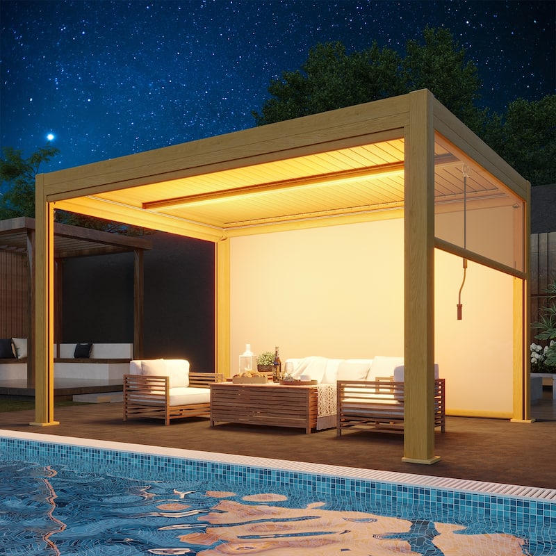 EROMMY Outdoor Louvered Pergola Gazebo with Adjustable Aluminum Rainproof Roof and Pull-Down Screen