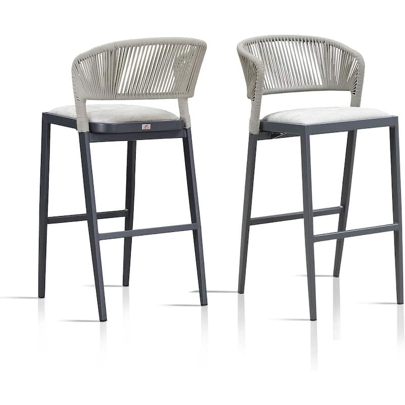PURPLE LEAF Bar Stool Set of 2 Outdoor Rattan Bar Chair with Back Metal Bar Height Stool Wicker Barstool Dark Grey - N/A - BarHeight-Scallop Cushion