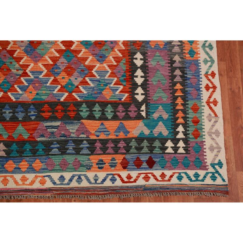 Reversible Kilim Area Rug Oriental Hand-Woven Wool Carpet - 9'11"x 13'0"