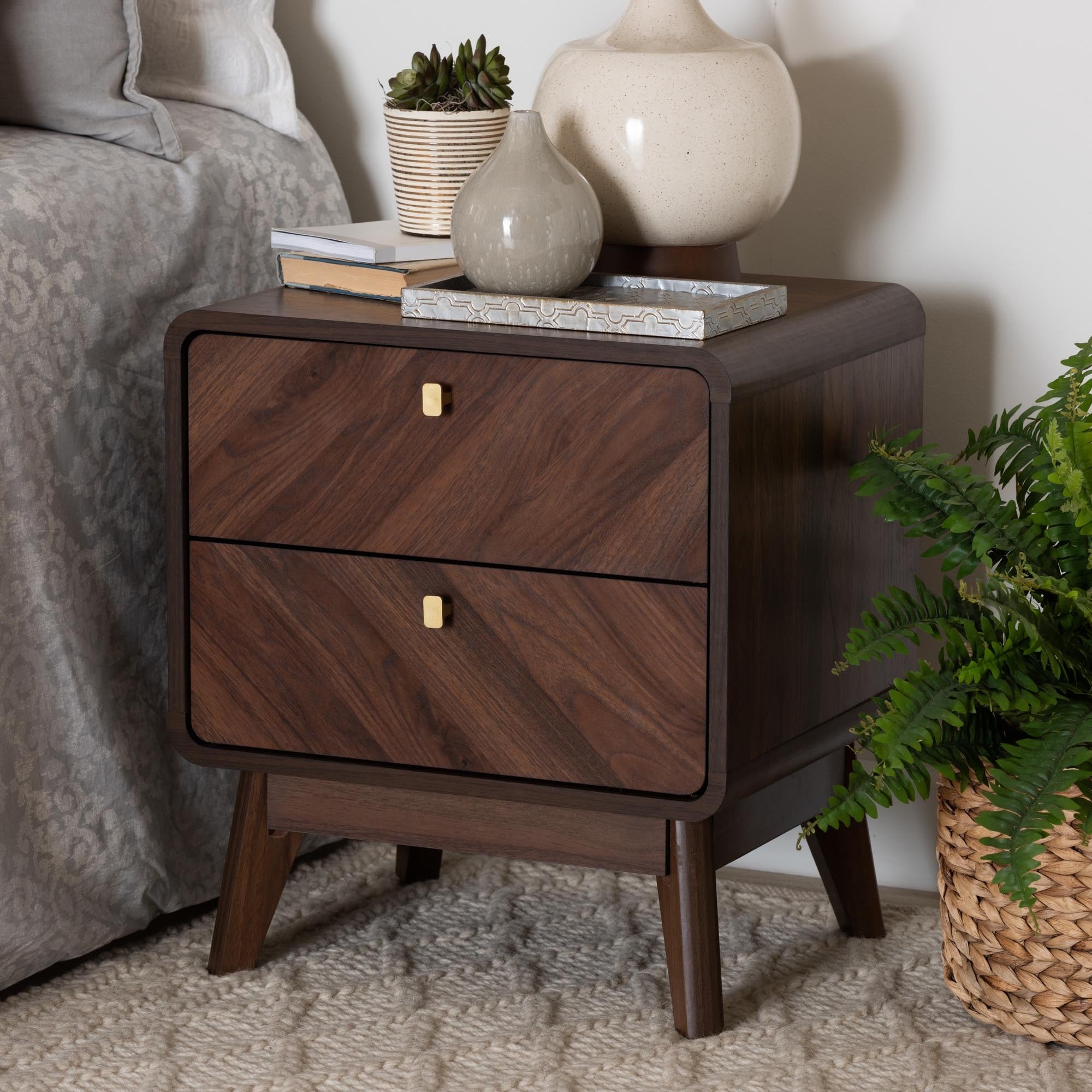 Markell Mid-Century Transitional Walnut Brown Finished Wood 2-Drawer Nightstand