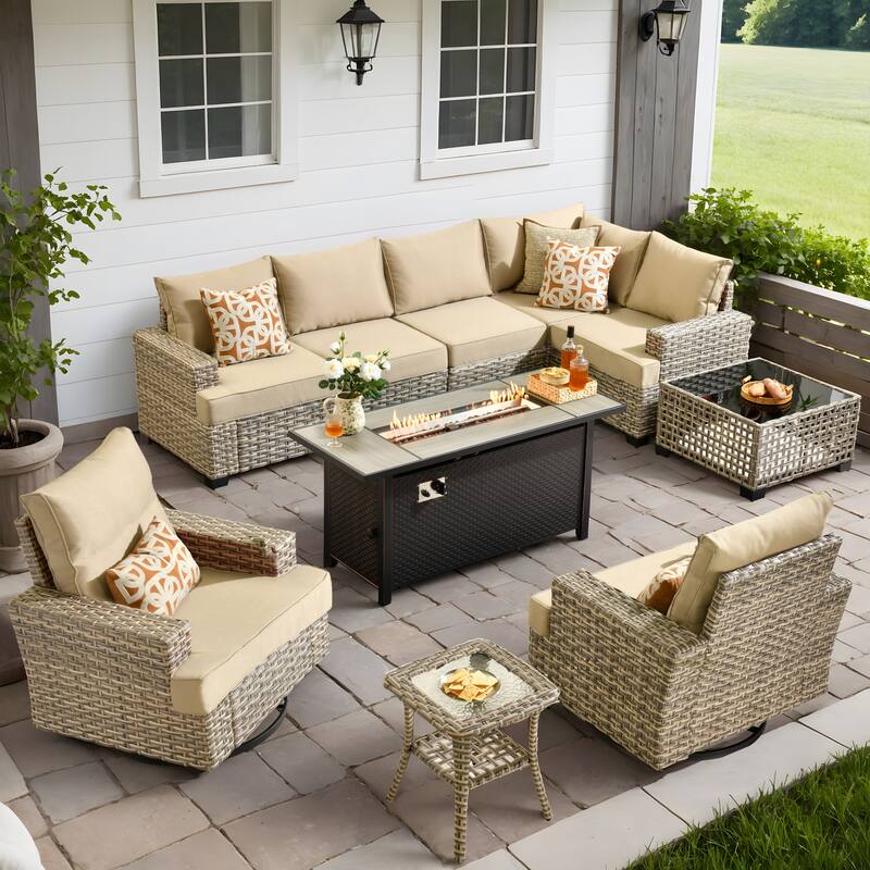 OVIOS 10 Pieces T shaped Seat Wide Armrest Swivel Chair Set With Solar-Powered Table&Fire Pit