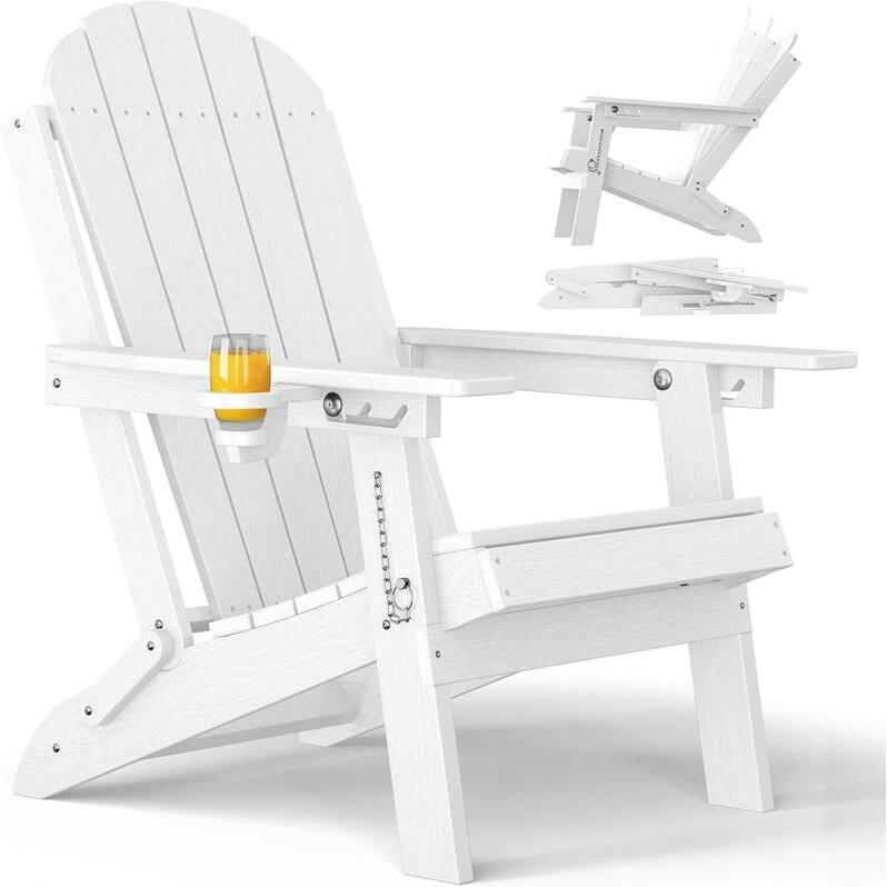 WINSOON Outdoor All-Weather HDPE Folding Adirondack Chair with Cup Holder & Adjustable Back - White