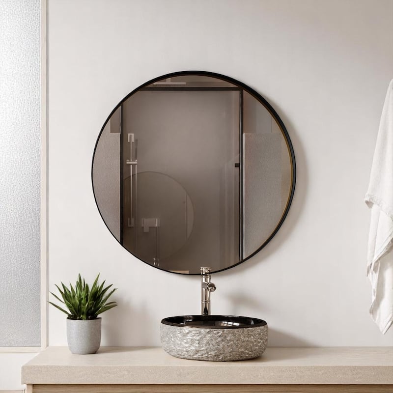 Round Metal Framed Wall Mounted Bathroom Mirror Cabinet, 31.5 Inch Surface Mount Medicine Cabinet with Storage - Black