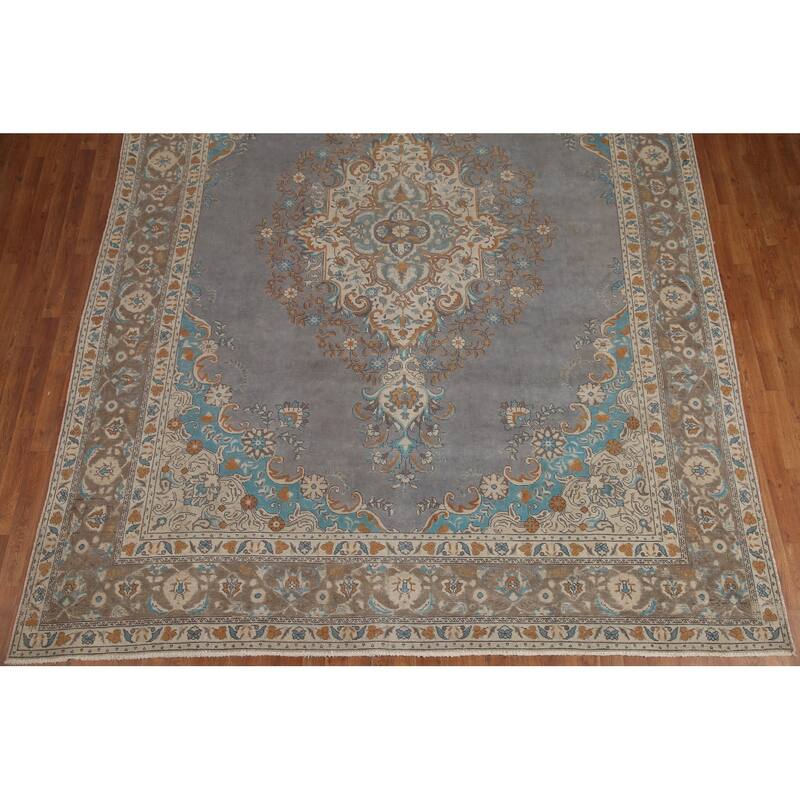 Hand Knotted Oriental 100% Wool Carpet Traditional Medallion Greys & Charcoal Tabriz Area Rug - 12' 8'' X 9' 6''
