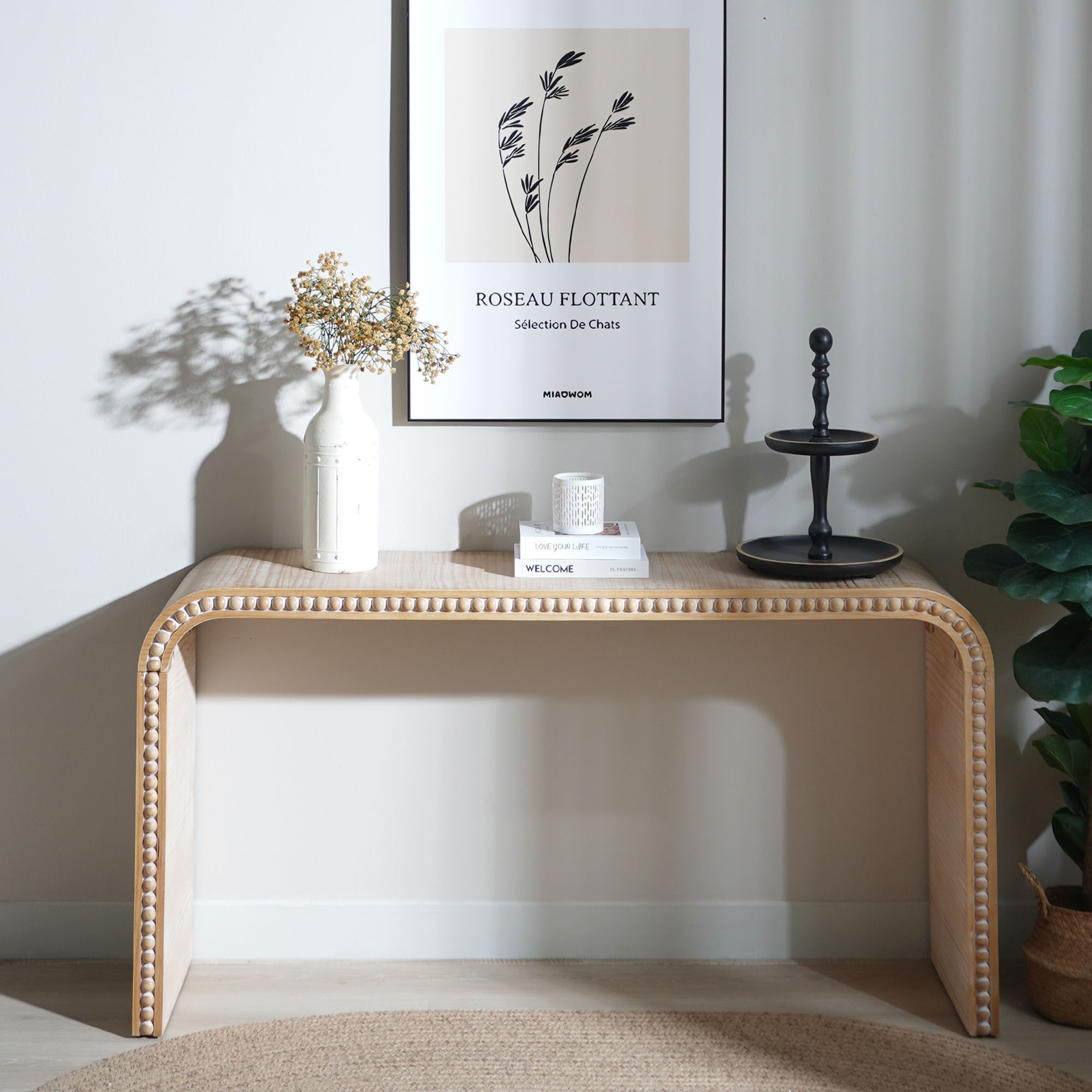 59" Entryway Table Natural Wood Console Table with Wood Beads