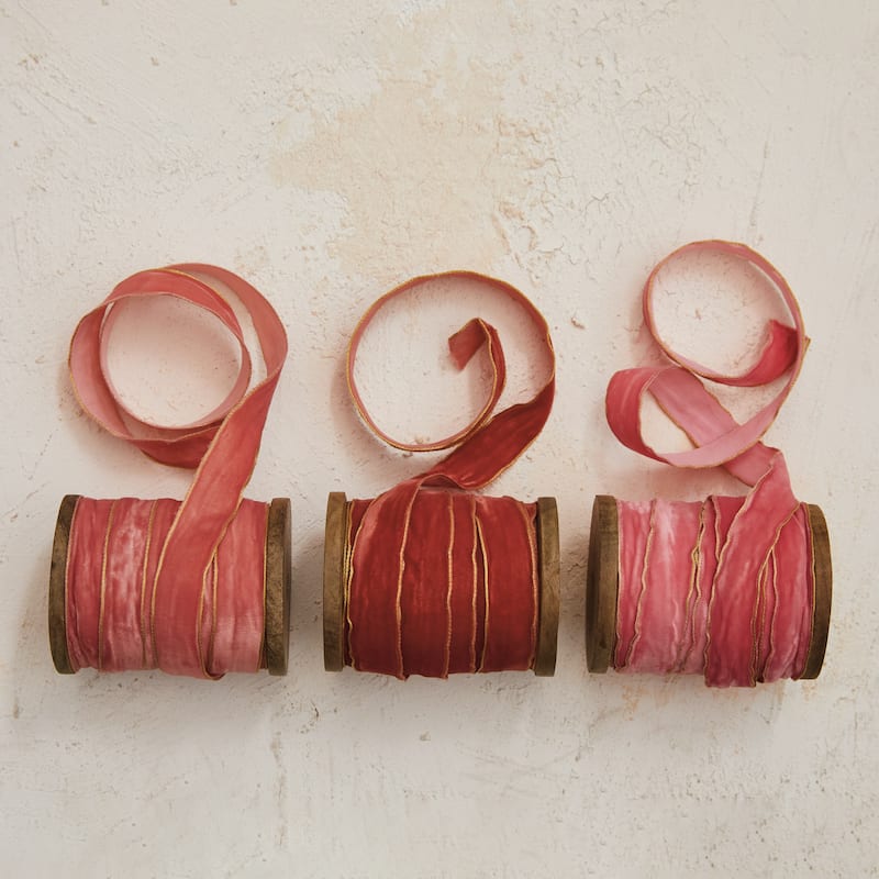 Velvet Ribbon with Metallic Edges on Wood Spool, Set of 3 - Multi