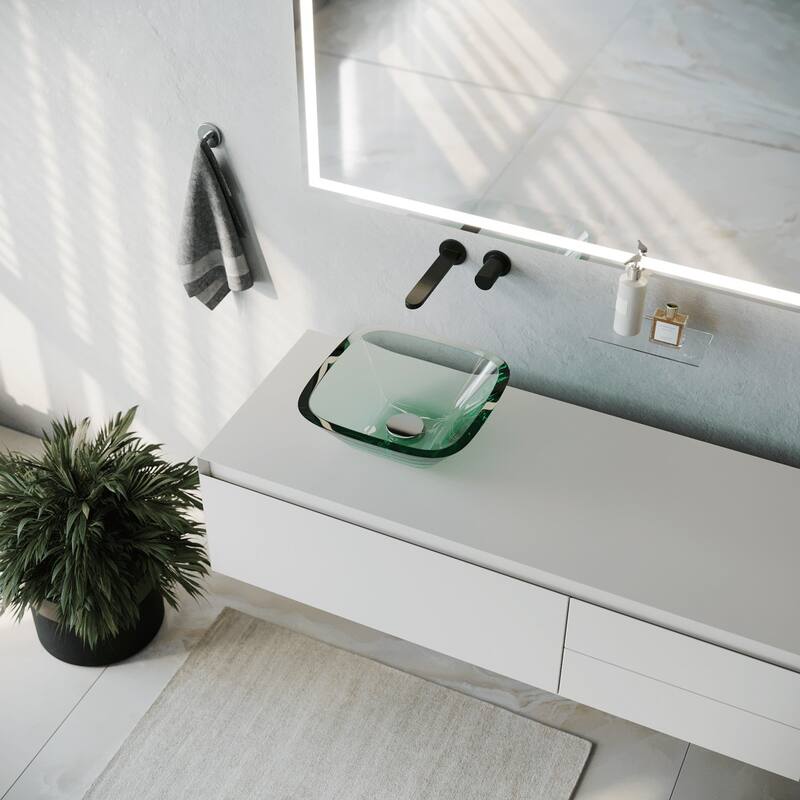 Square Tempered Glass Bathroom Vessel Sink 12-3/4"with Chrome Drain