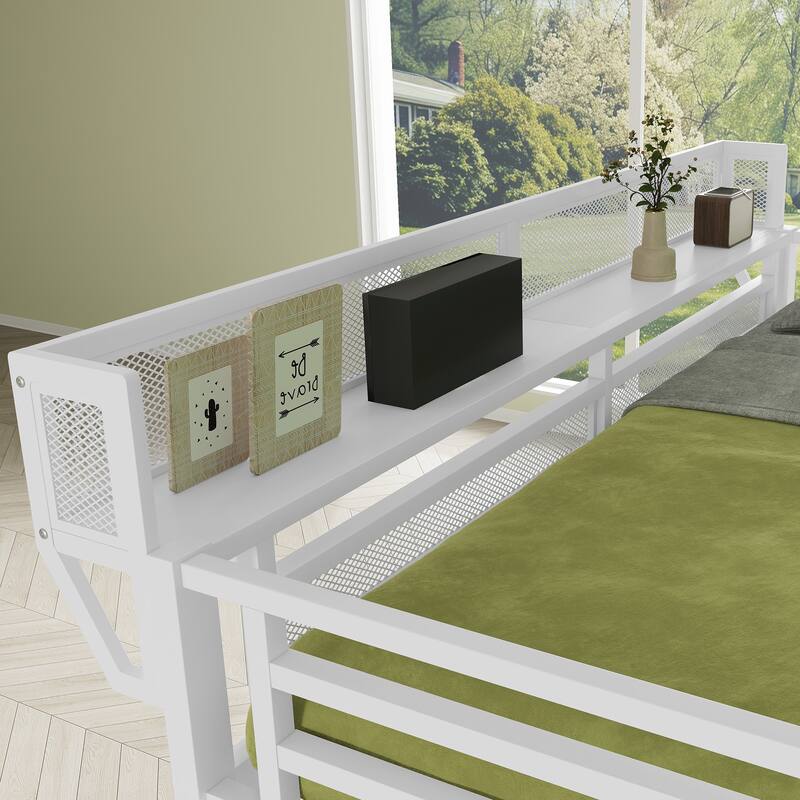 Heavy Duty Metal Storage Loft Bed with Bedside Shelf and Under Bed Storage, Iron High Loftbed Frame with Built In Wardrobe